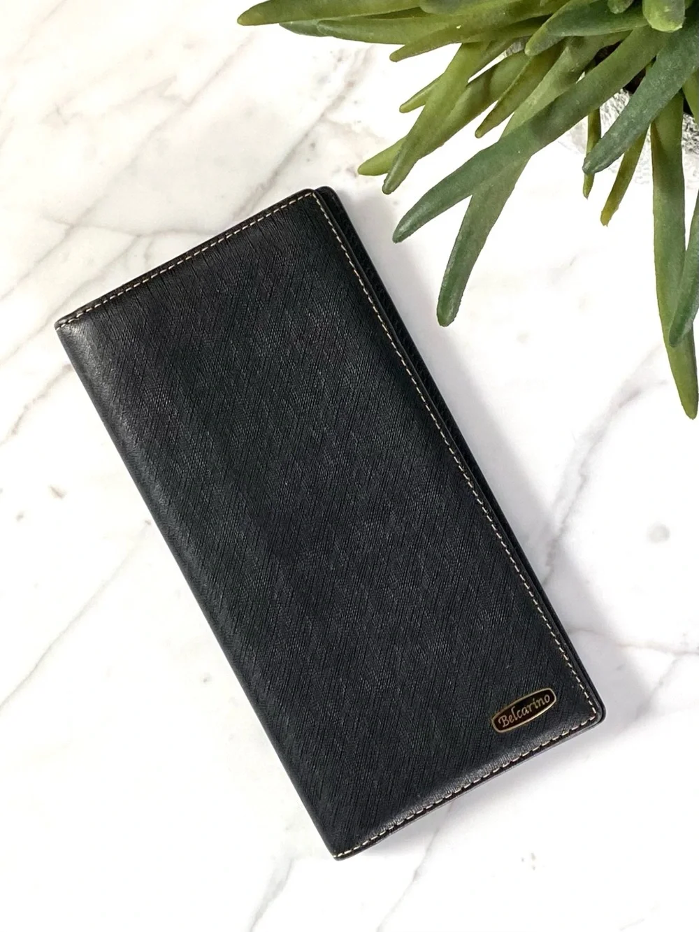 BELCARINO - Men's Long Black Leather Wallet, Check Book, Card Holder